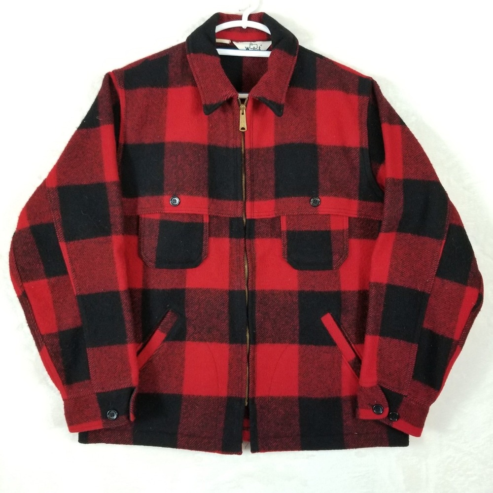 Vintage Woolrich Buffalo Plaid Wool Zip Jacket Mens Large Red Black Made in USA
